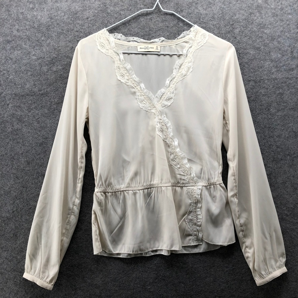 Abercrombie & Fitch Satin Long Sleeve Blouse Womens XS Ivory Faux Wrap Lace